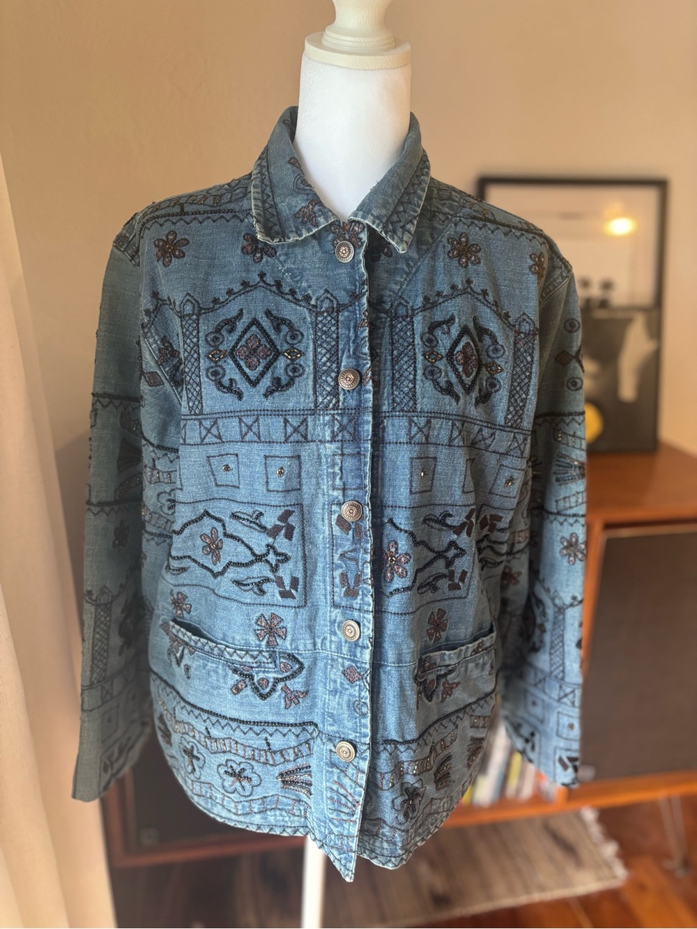 Vintage Embroidered Denim Jacket with Rust Lining